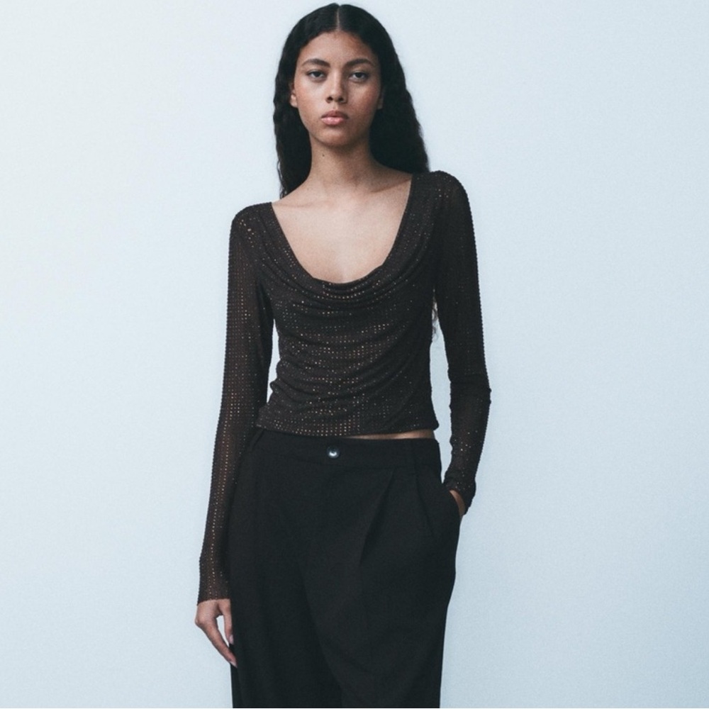 Zara Black Sheer Long Sleeve Blouse - Picture 2 of 9